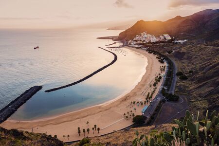 Playa de Las Teresitas on Tenerife at sunset. Tenerife, Canary Islands, Spain.の写真素材