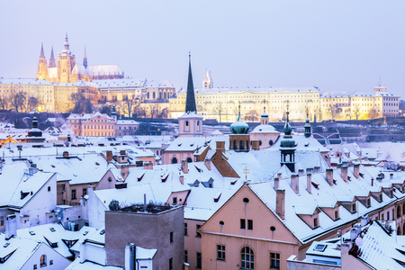 Winter in Prague - city panorama with St. Vitus Cathedral. Prague, Bohemia, Czech Republic.の写真素材