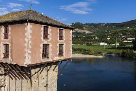 River house on river Tarn in Millau. Millau, Midi-Pyrenees, France.のeditorial素材