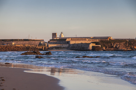 Lighthouse on Palomas Island in Tarifa. Tarifa, Andalusia, Spain.の写真素材