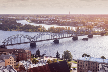 Panorama of Riga with Railway Bridge. Riga, Latviaの写真素材