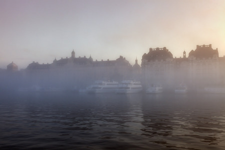 Stockholm in fog. Stockholm, Sodermanland and Uppland, Sweden.の写真素材