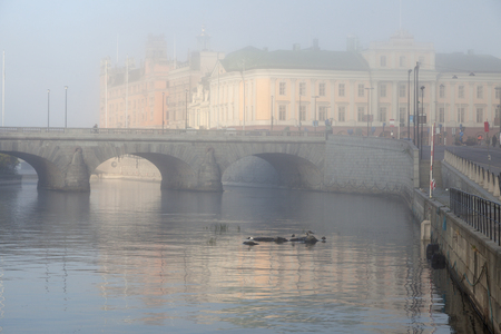 Panorama of foggy Stockholm. Stockholm, Sodermanland and Uppland, Sweden.の写真素材