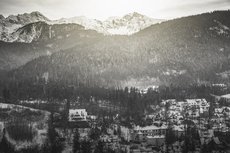 Winter panorama of Zakopane in B&W. Zakopane, Lesser Poland, Poland.の写真素材