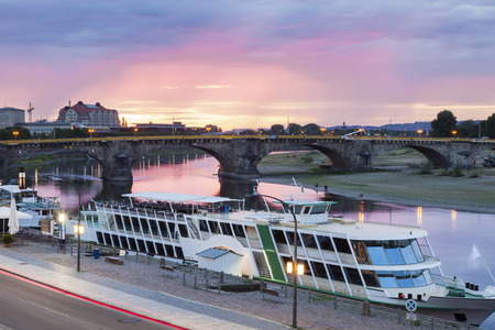 Elbe River in Dresden at sunset. Dresden, Saxony, Germany.の写真素材