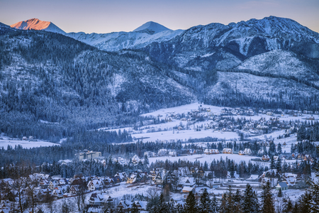 Winter panorama of Zakopane at sunrise. Zakopane, Lesser Poland, Poland.の写真素材