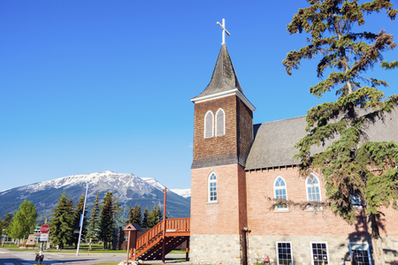Church in Jasper and blue sky. Alberta. Alberta, Canada.の写真素材