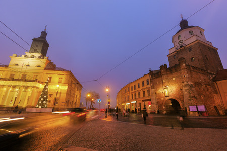 Lublin City Hall and Krakowska Gate. Lublin, Lubelskie, Poland.の写真素材