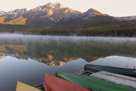 Pyramid Lake in Jasper National Park. Alberta, Canada.の写真素材