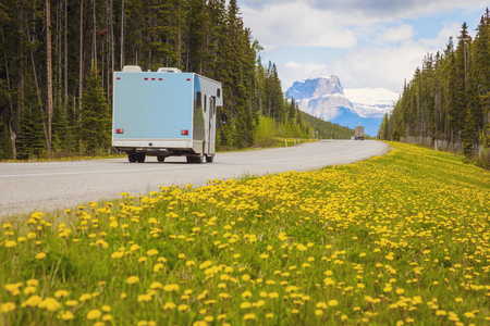 RV on the highway in Jasper National Park. Alberta, Canada.の写真素材