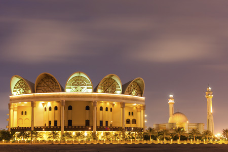 Bahrain National Library and Al Fateh Grand Mosque in Manama. Manama, Bahrain.の写真素材