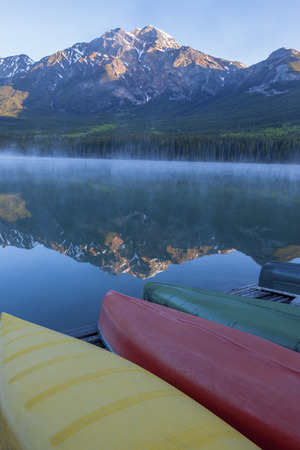 Pyramid Lake in Jasper National Park. Alberta, Canada.の写真素材