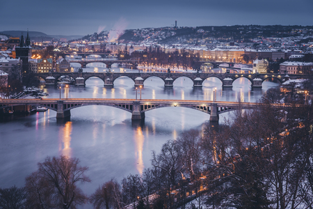 Winter in Prague - bridges on Vltava River. Prague, Bohemia, Czech Republic.の写真素材