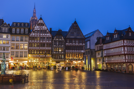Romerberg in Frankfurt seen at night. Frankfurt, Hesse, Germany.の写真素材