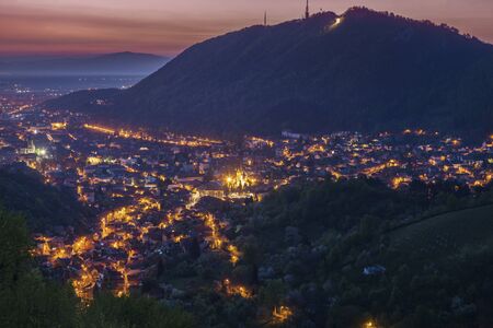 Aerial panorama of Brasov at dawn. Brasov, Brasov County, Romania.の写真素材