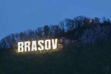 Brasov sign at evening. Brasov, Brasov County, Romania.の写真素材