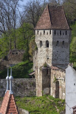 Old walls in Sighisoara  - aerial view. Sighisoara, Mures County, Romania.の写真素材