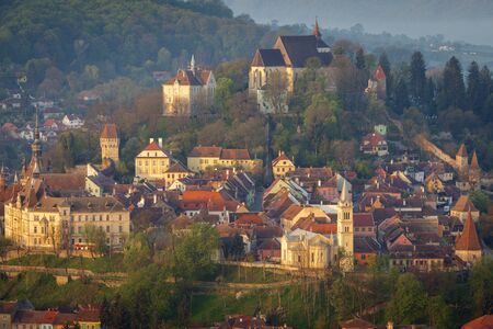Aerial panorama of Sighisoara. Sighisoara, Mures County, Romania.の写真素材
