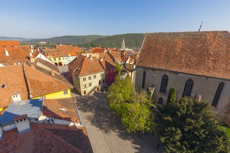 Old town of Sighisoara - aerial view. Sighisoara, Mures County, Romania.の写真素材