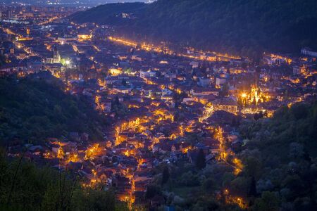 Aerial panorama of Brasov at dawn. Brasov, Brasov County, Romania.の写真素材