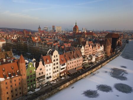 Aerial panorama of Gdansk at sunrise. Gdansk, Pomerania, Poland.の写真素材