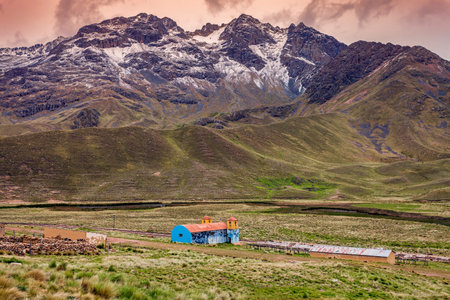  Church in mountains - road to Puno. Puno, Peru. 