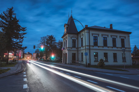 Lesko town hall at evening. Lesko, Subcarpathia, Poland.の写真素材