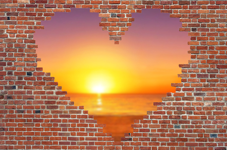 Hole shape heart inside brick wall, Symbol of love, brick wall heartの写真素材
