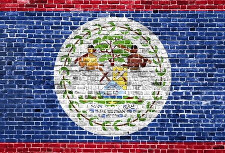 Flag of Belize painted on brick wall, background textureの写真素材