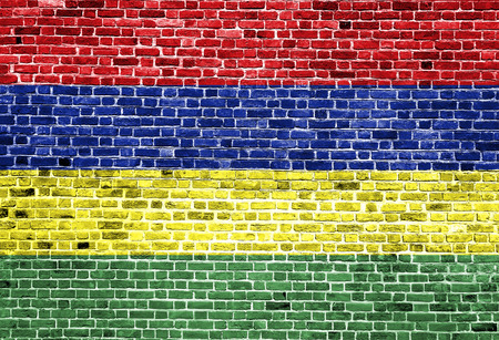 Flag of Mauritius painted on brick wall, background textureの写真素材