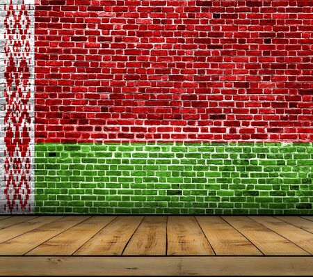 Belarus flag painted on brick wall with wooden floorの写真素材