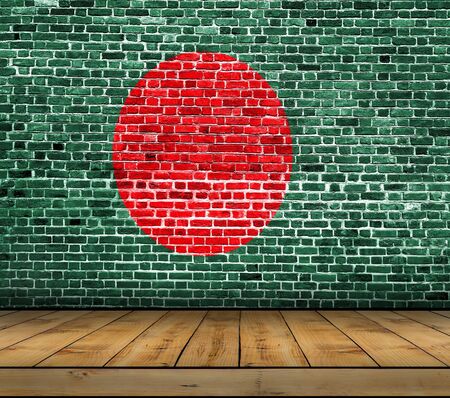 Bangladesh flag painted on brick wall with wooden floorの写真素材