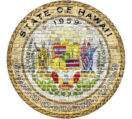 Hawaii Seal US flag painted on old vintage brick wallの写真素材