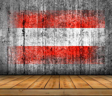 Austria flag painted on background texture gray concrete with wooden floorの写真素材