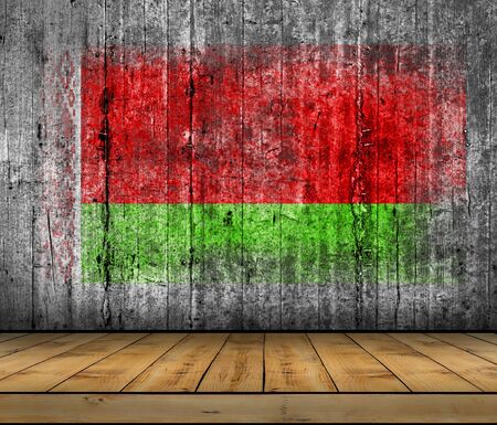 Belarus flag painted on background texture gray concrete with wooden floorの写真素材
