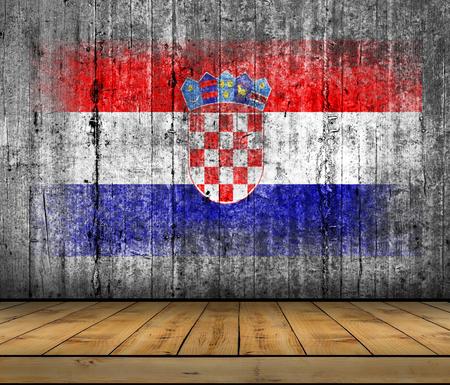 Croatia flag painted on background texture gray concrete with wooden floorの写真素材