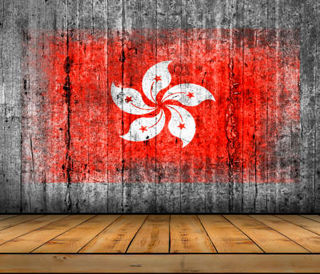 Hong Kong flag painted on background texture gray concrete with wooden floorの写真素材