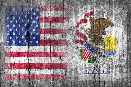 USA and Illinois flag on concrete wallの写真素材
