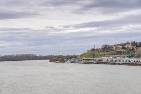 BELGRADE, SERBIA - NOVEMBER 4, 2017: Old Kalemegdan fortress city view from the brige with river Sava, Serbiaのeditorial素材