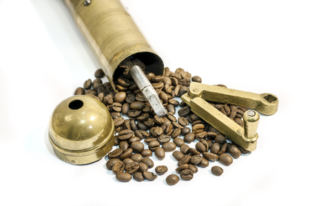 Grinder, old manual coffee mill on whiteの写真素材