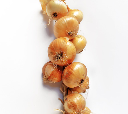 Golden onions in closeup isolated on whiteの写真素材