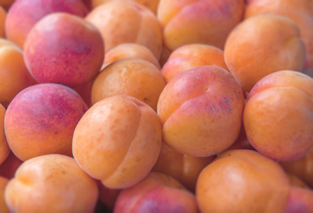 Fresh healthy peach on farmer agricultural market on morning sunny day
