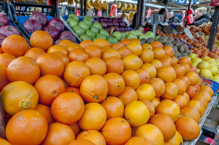 Shelf with fruits on a farm marketの写真素材