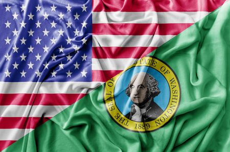 Ruffled waving United States of America and Washington flagの写真素材