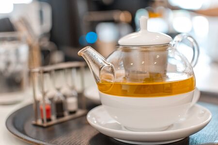 Aromatic hot cup tea on wooden tableの写真素材