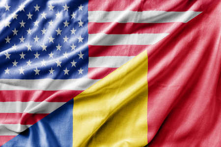 Mixed USA and Romania flag, three dimensional renderの写真素材