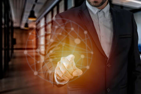 Businessman hand touching map point, network connectionの写真素材