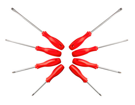 Eight red shiny metal and plastic tool screwdriver for repair