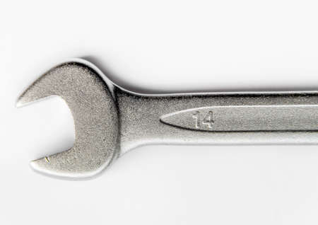Mechanic silver metal tool wrench for repair isolated on whiteの写真素材