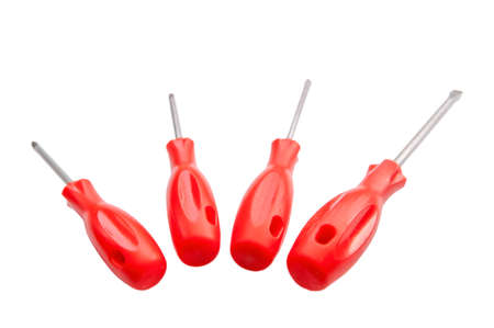 Four red shiny metal and plastic tool screwdriver for repairの写真素材